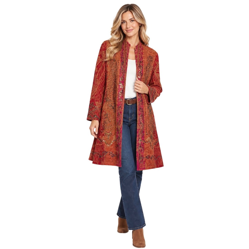 Coldwater Creek Red Orange Paisley Wool Beaded Sequin Topper Jacket Coat Large